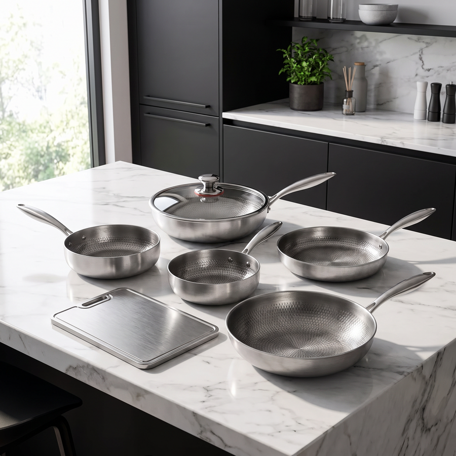 Hand-Hammered Titanium Multi-Pan Cook Set with Cutting Board (5 Pans, 8–10 Inch)