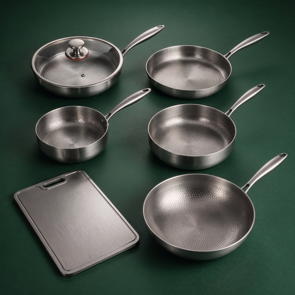 Hand-Hammered Titanium Multi-Pan Cook Set with Cutting Board (5 Pans, 8–10 Inch)