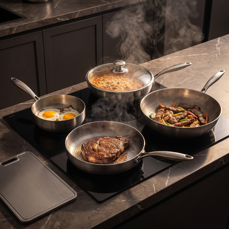 Hand-Hammered Titanium Multi-Pan Cook Set with Cutting Board (5 Pans, 8–10 Inch)