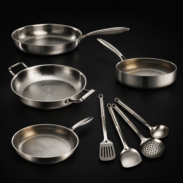 Hand-Hammered Titanium Family Set: 4 Pans & Utensils