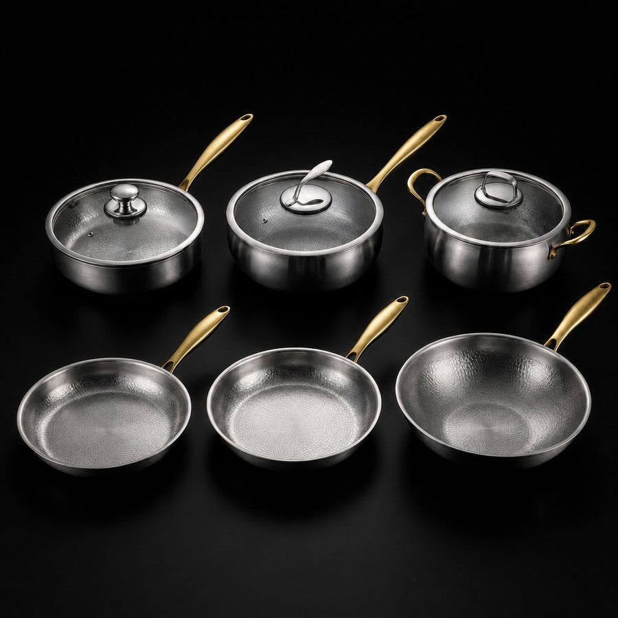 Hand-Hammered Titanium Complete Kitchen Set with 3 Lids (10, 11 & 12 Inch)  I Limited Edition